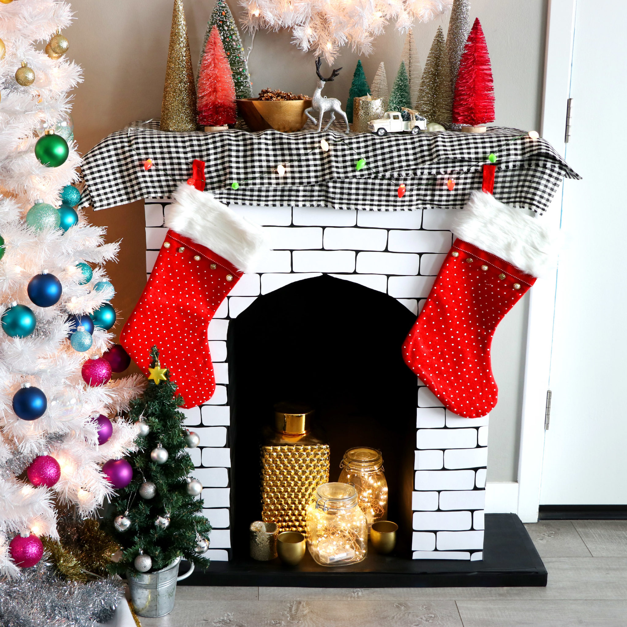 DIY Faux Cardboard Fireplace Christmas Decoration - Karen Kavett